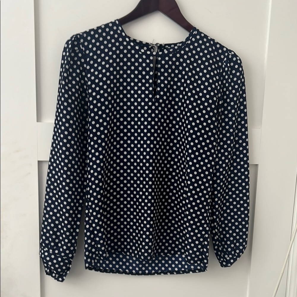 Blue and White Fitted Long Sleeve Blouse with Mandarin Collar